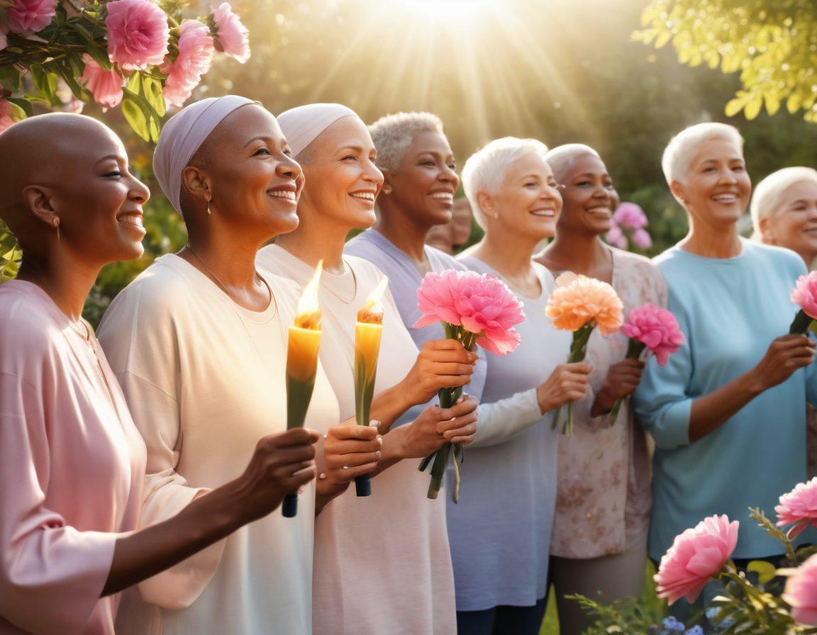 A diverse group of cancer survivors standing united, radiating strength and hope, against a backdrop of blooming flowers symbolizing resilience. One individual holds a symbolic torch of empowerment, while others share stories and laughter. Soft sunlight filters through, creating a warm and inviting atmosphere. super-realistic. vibrant colors. inspirational.