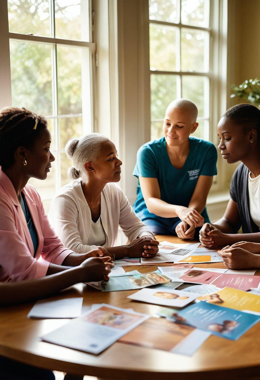 A comforting scene depicting a diverse group of people engaging in a support group for cancer patients, with vibrant resource brochures and educational materials spread on a table. Soft sunlight filtering through a window, illuminating their thoughtful expressions and the hope in their eyes. Incorporate symbols of awareness like ribbons and serene colors to convey peace and strength. super-realistic. warm tones.