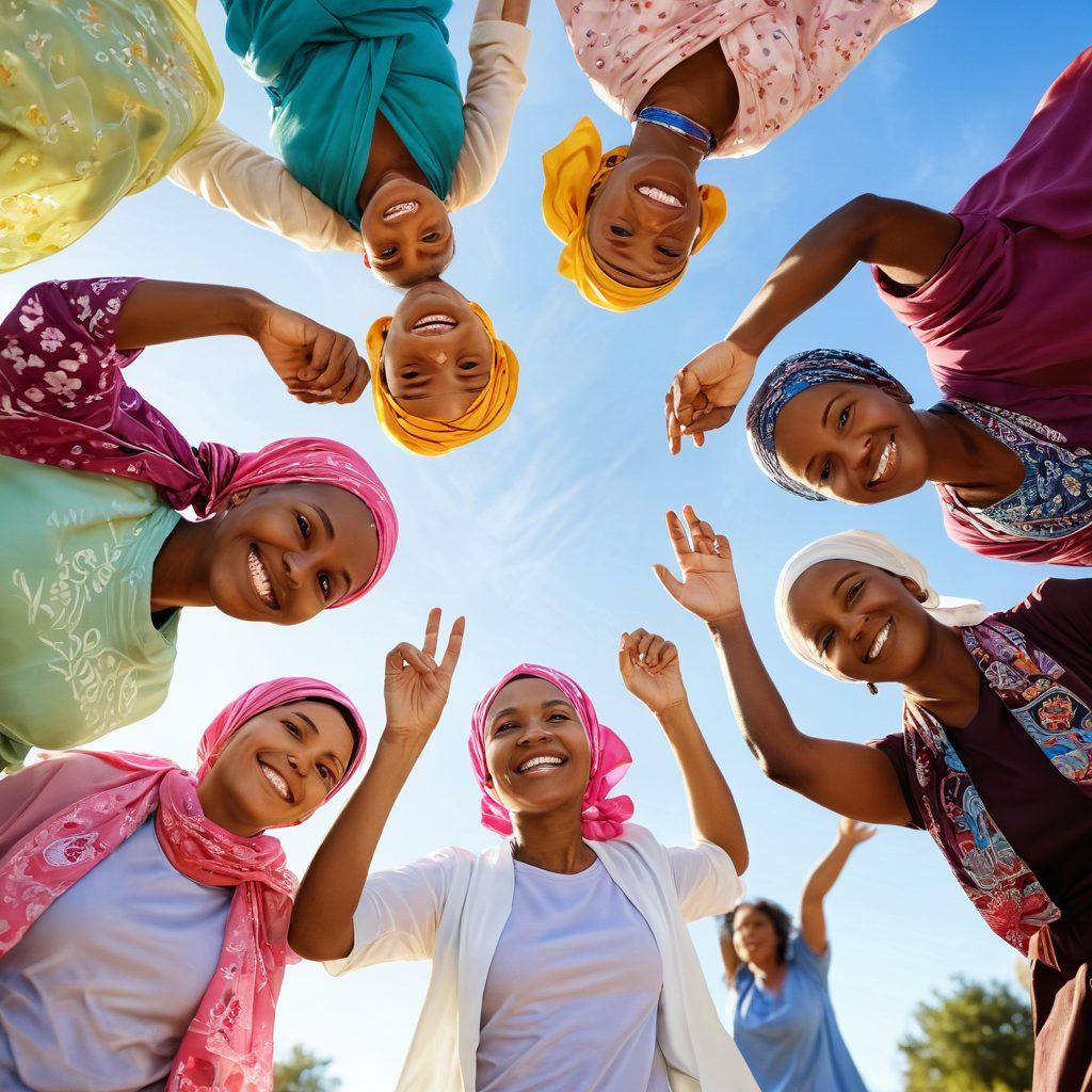 A serene landscape featuring a group of diverse cancer survivors joyfully connecting in a circle, each wearing colorful headscarves, with sunny skies and rays of hope shining down. Include symbols of support, like ribbons and flowers, in the background, nurturing a sense of community and resilience. soft focus, vibrant colors, uplifting atmosphere.